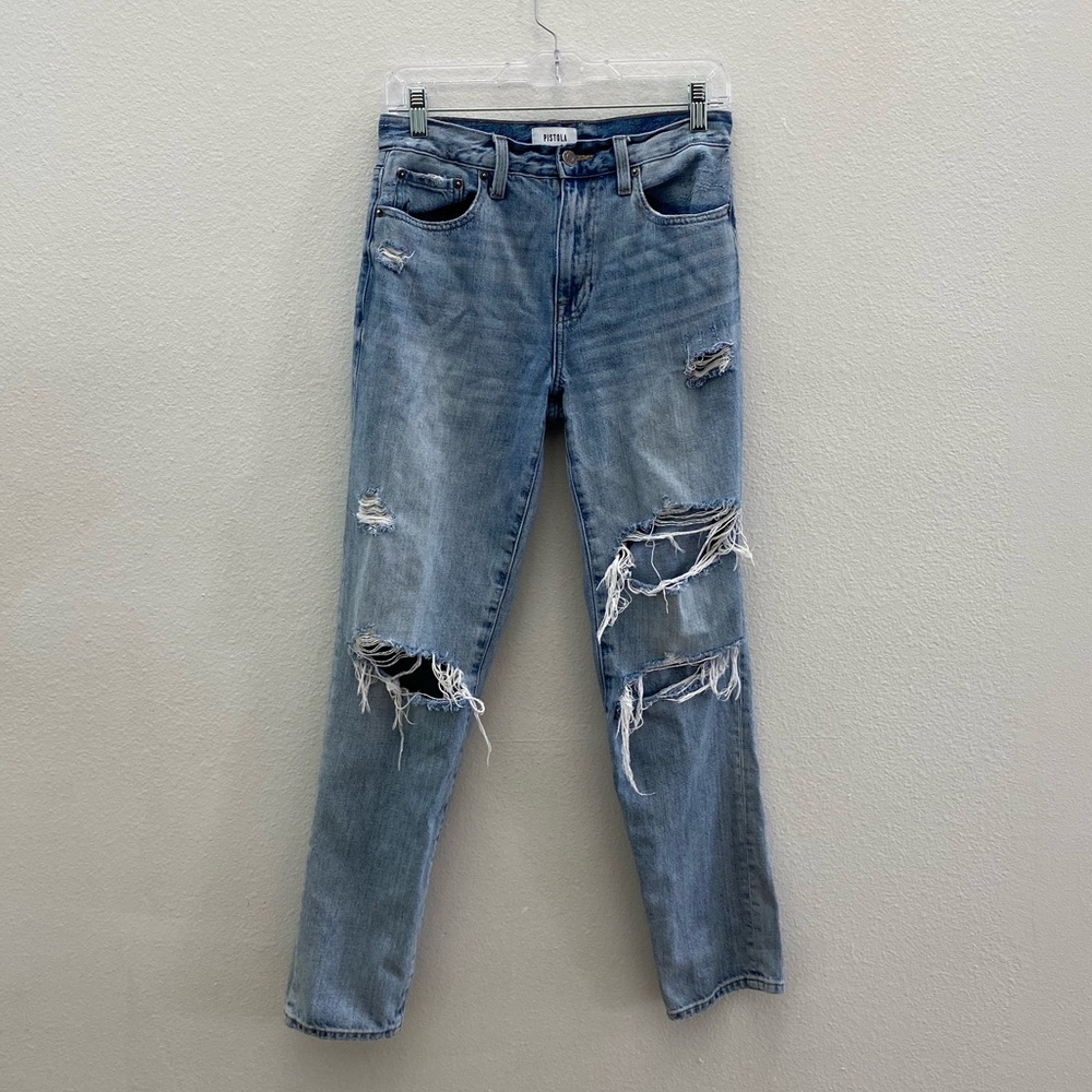 High waist distressed light wash punk jeans ::: s ;;;